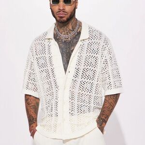 Cream Crochet Men’s Knit Button Up shirt